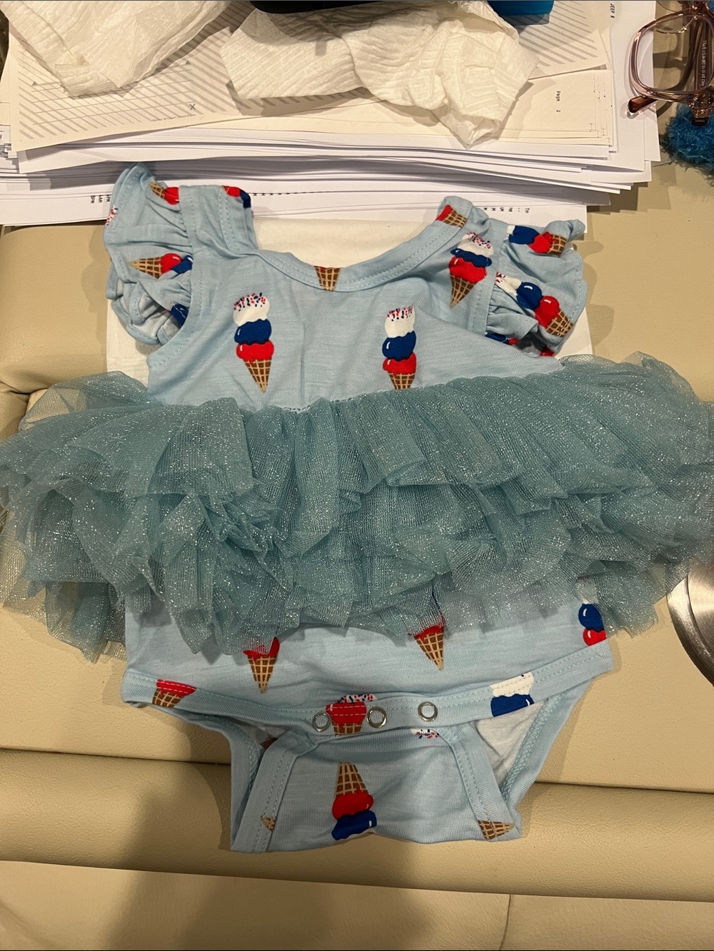 Spearmint Love Light Blue Ruffle Tutu Dress with Ice Cream Print Accent